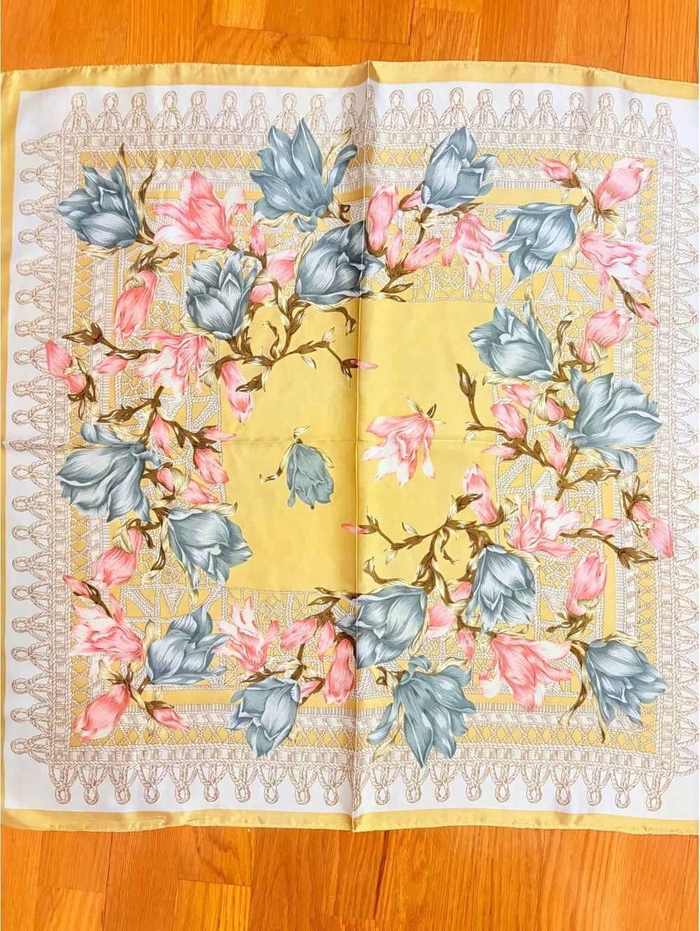 Vintage Floral Scarf Yellow Pink Blue Square Neck Wrap